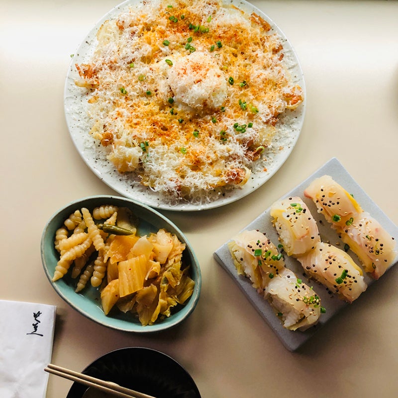 Shrimp and Potato Pancake(새우감자전), Seasonal Sashimi with Pickled Kimchi Rice Roll(제철회묵은지말이)